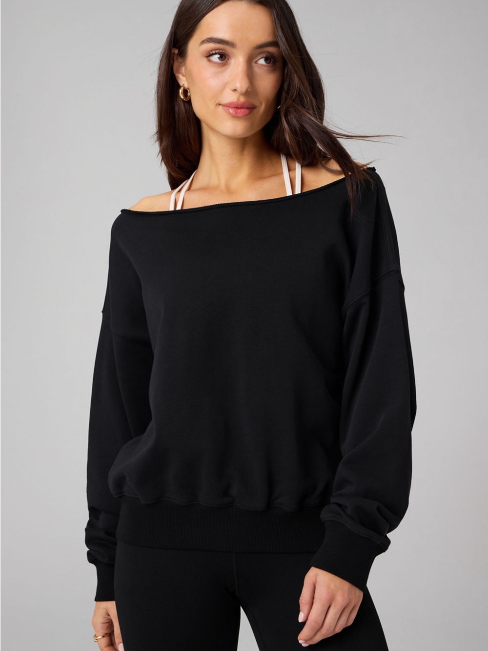 Fabletics Year Round Terry Off Shoulder Sweatshirt Womens Sz L Black